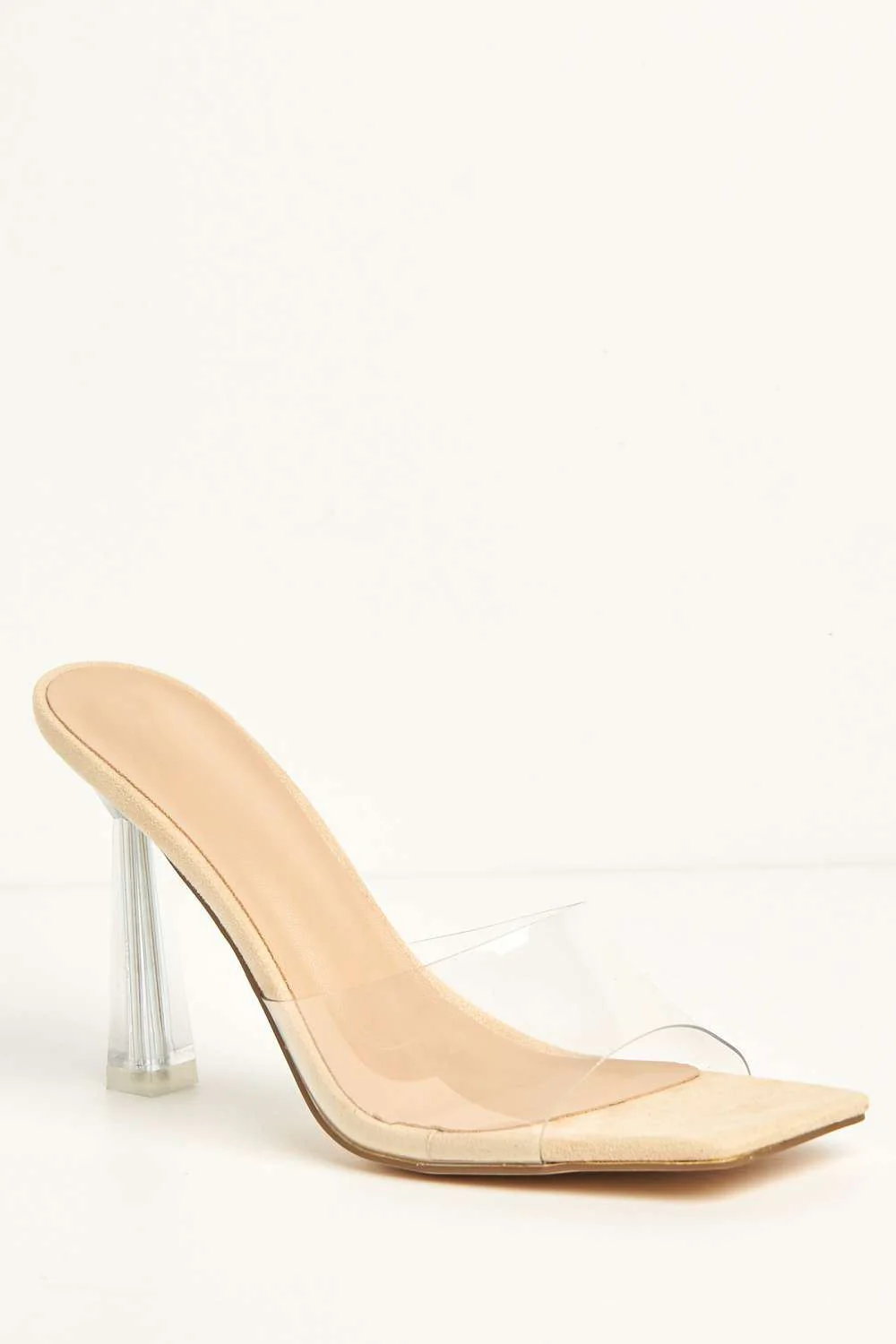 Yonie Square Toe Perspex Heeled Mules in Nude Suede - Image 4