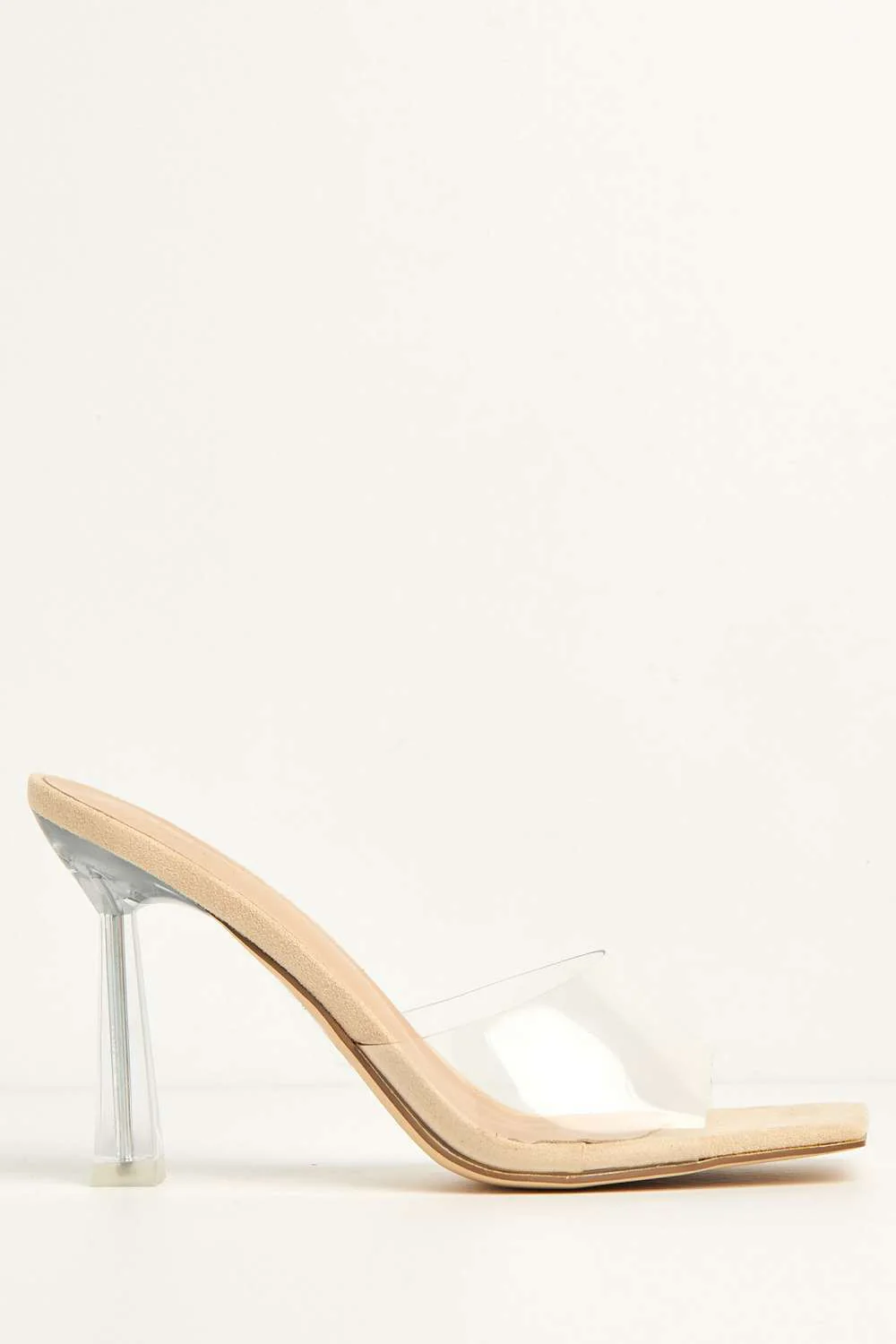 Yonie Square Toe Perspex Heeled Mules in Nude Suede - Image 5