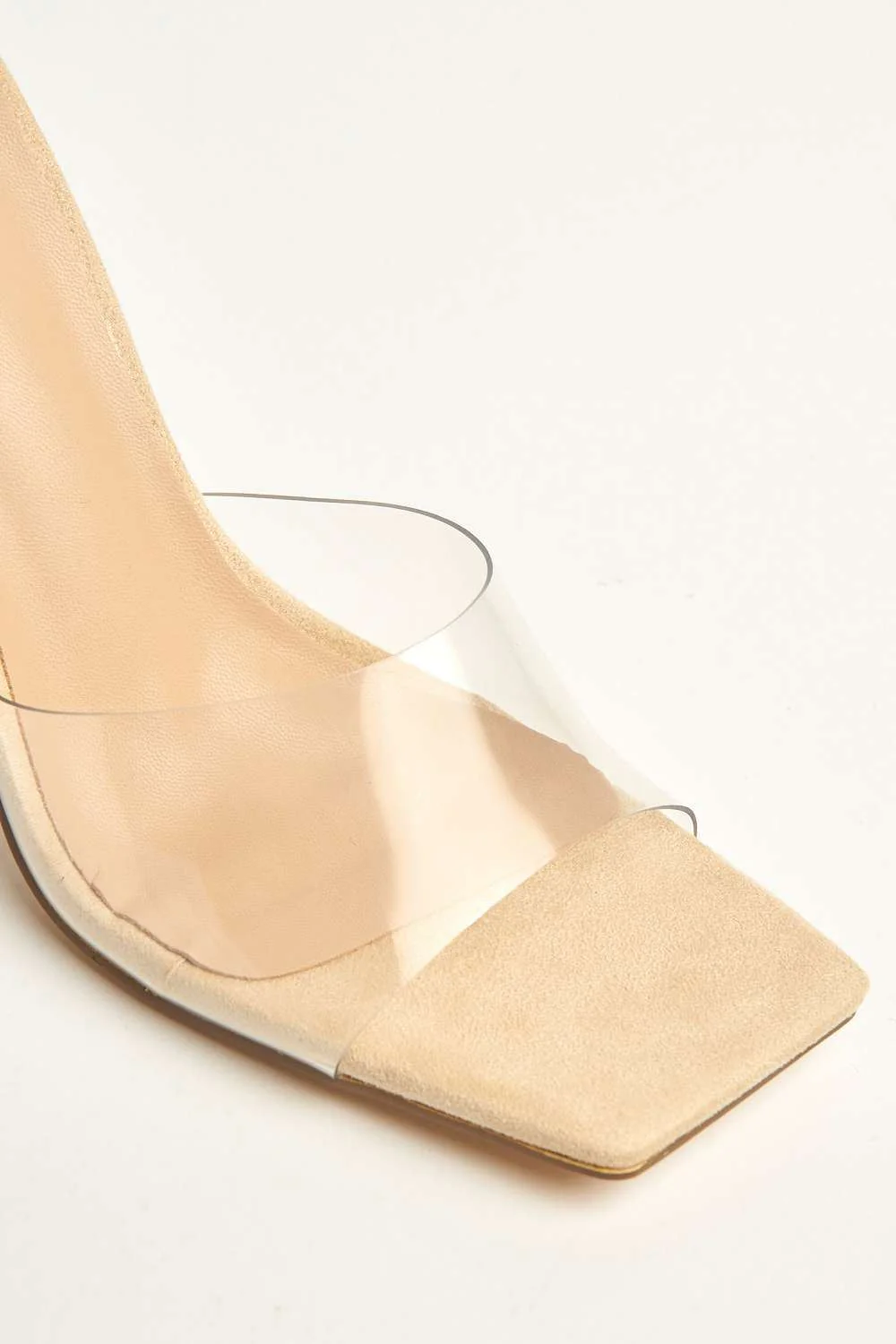 Yonie Square Toe Perspex Heeled Mules in Nude Suede - Image 6