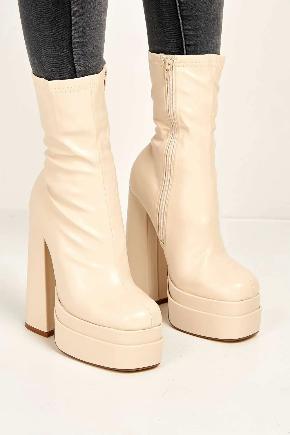 Yoola Chunky Block Heel Platform Heeled Ankle Boots in Beige - Image 2