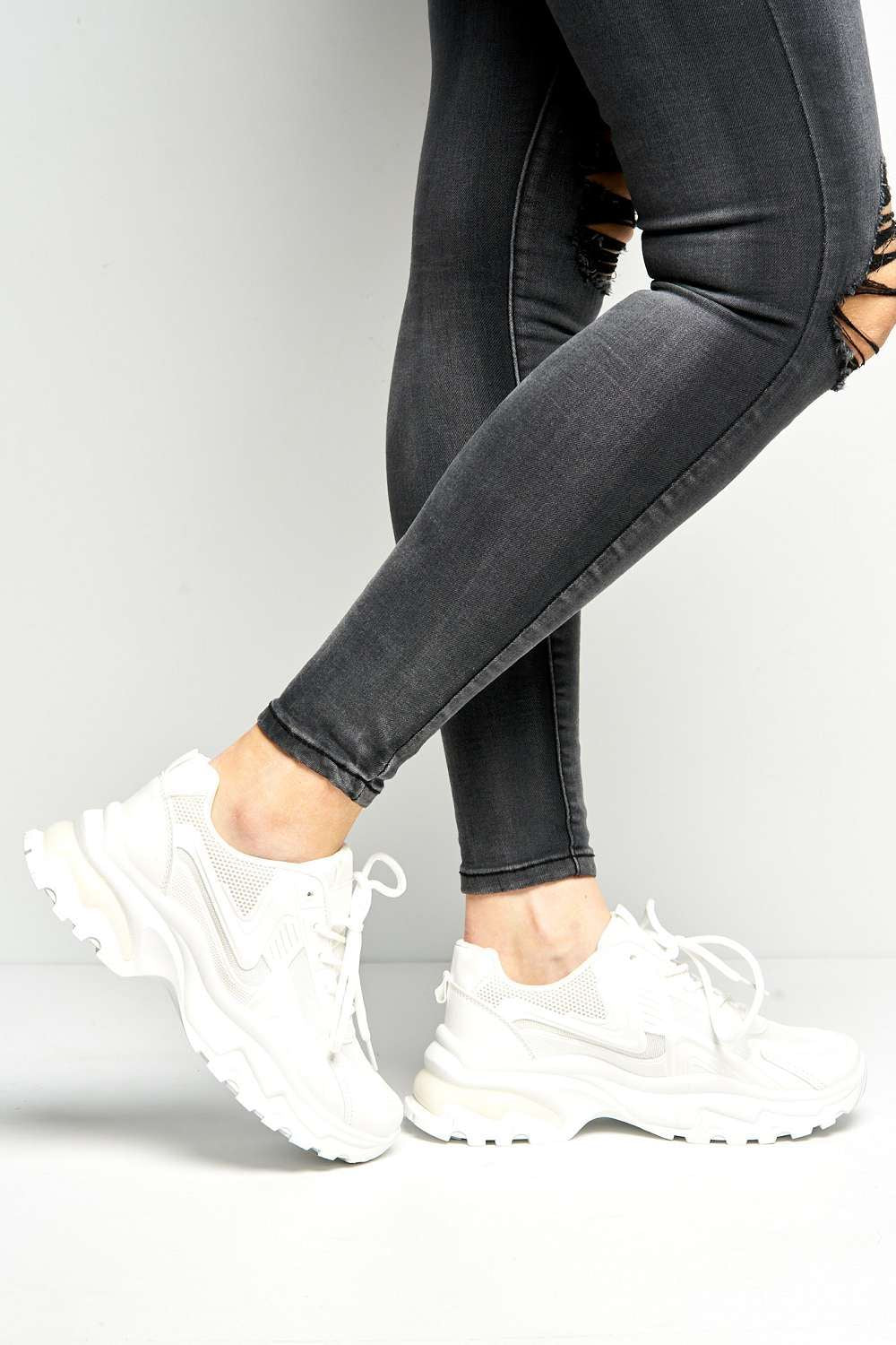 Yug Chunky Sole Lace-Up Trainers in White - Image 3