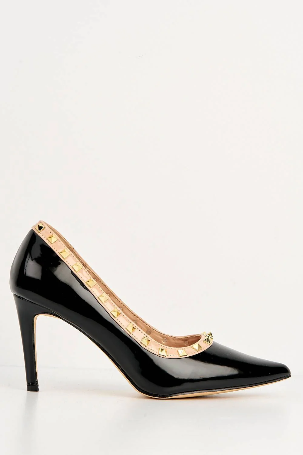 Zafira Gold Studded Court Shoes in Black Patent - Image 4
