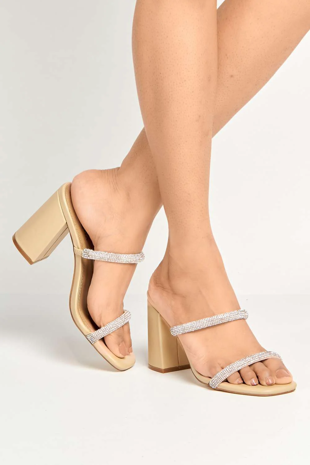 Zayah Diamante Straps Block Heel Mule in Nude - Image 3