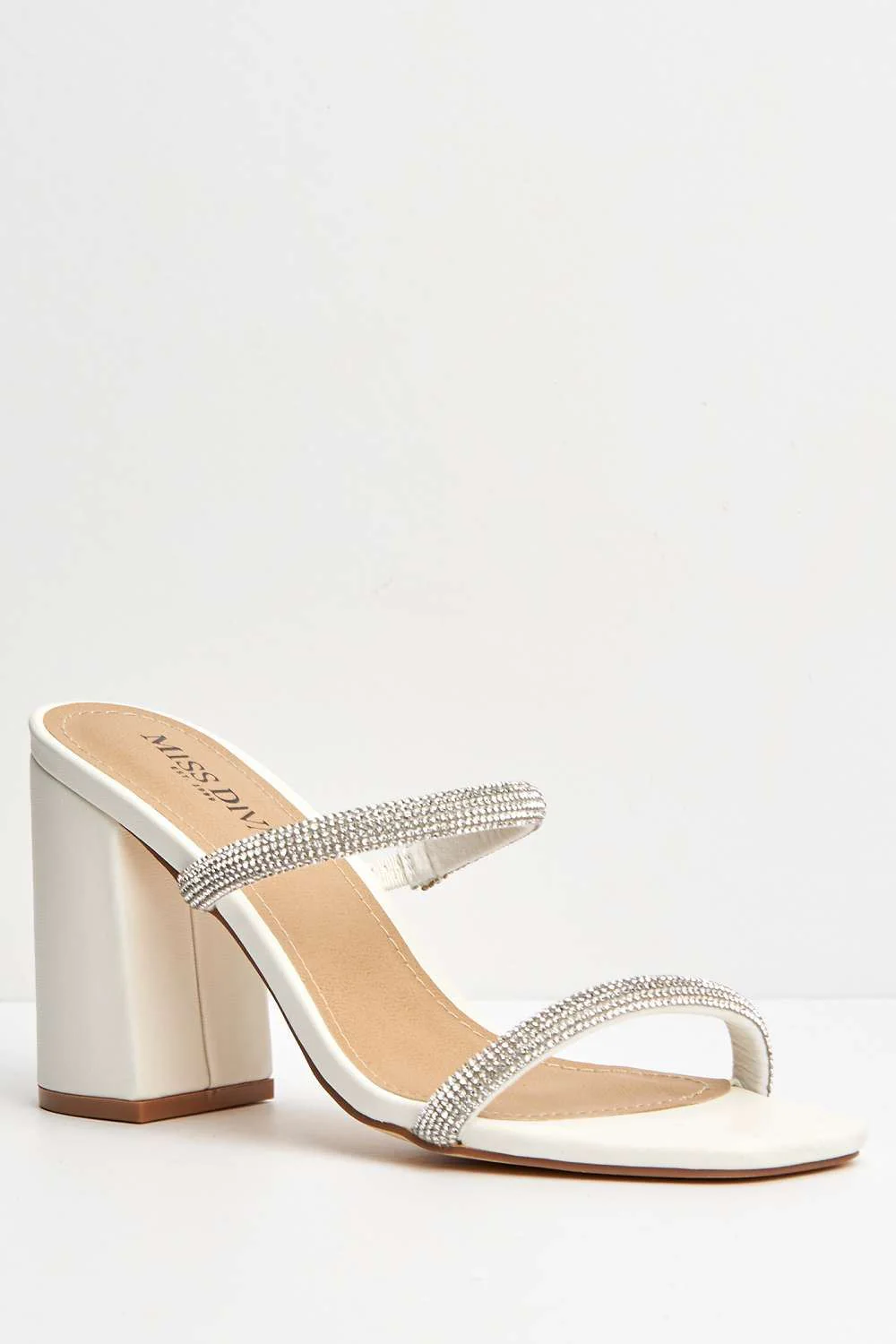 Zayah Diamante Straps Block Heel Mule in White Matt - Image 4