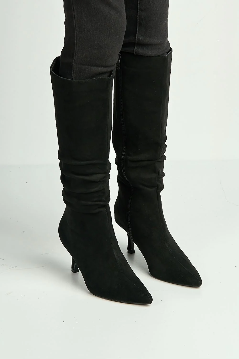 Zeli Low Kitten Heel Pointy Toe Rouch Calf Boots in Black Suede