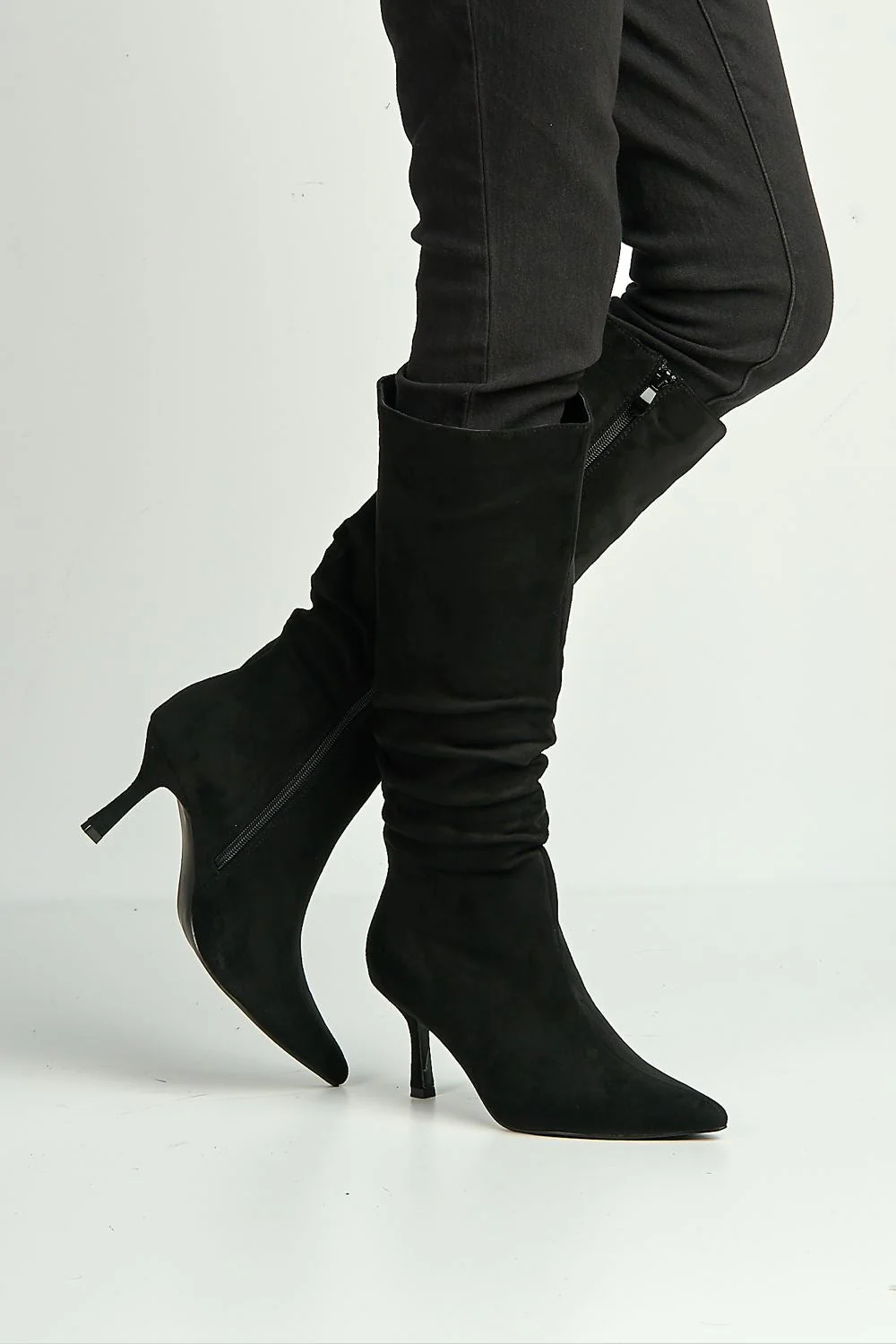 Zeli Low Kitten Heel Pointy Toe Rouch Calf Boots in Black Suede - Image 2