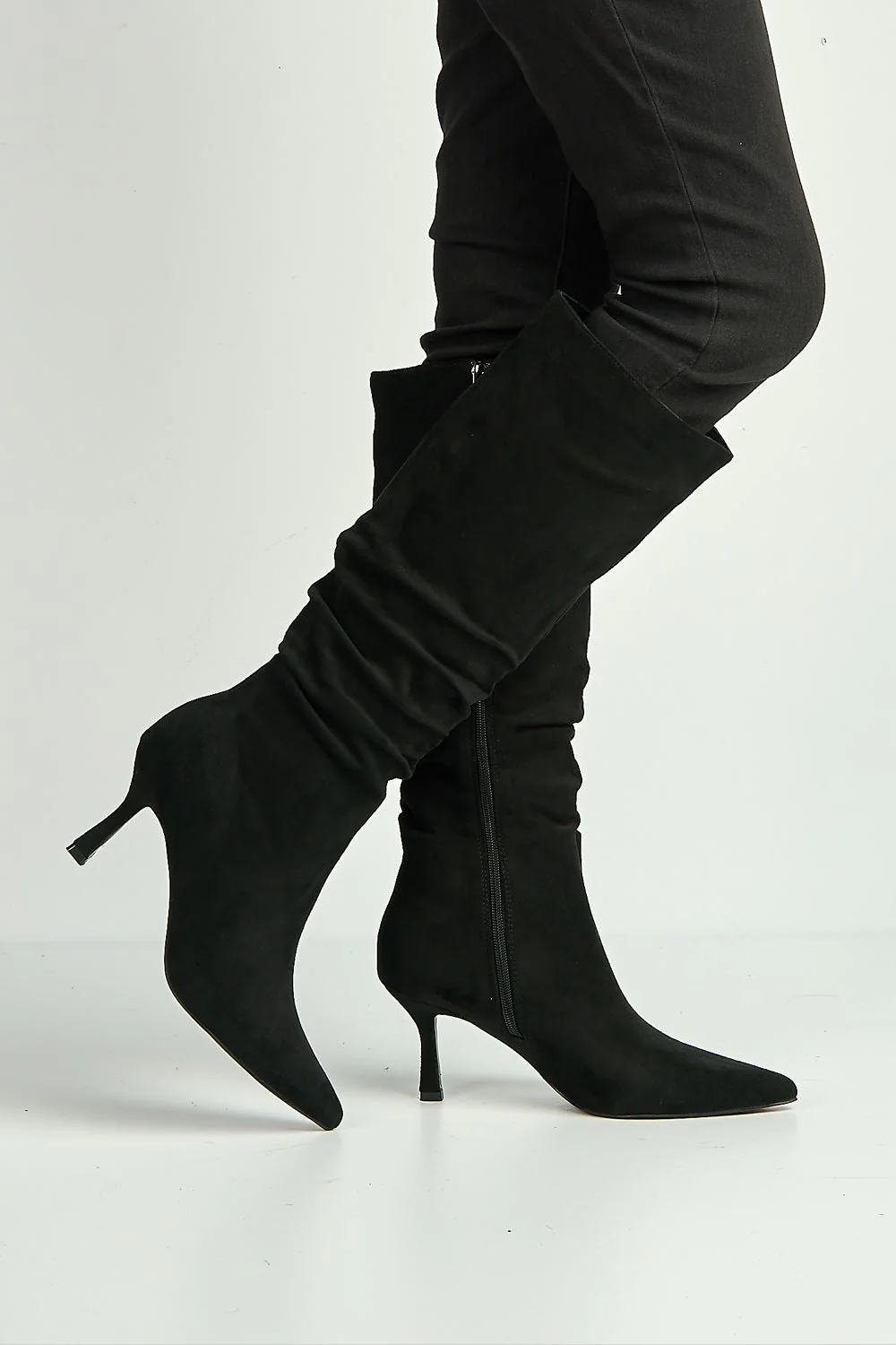 Zeli Low Kitten Heel Pointy Toe Rouch Calf Boots in Black Suede - Image 3