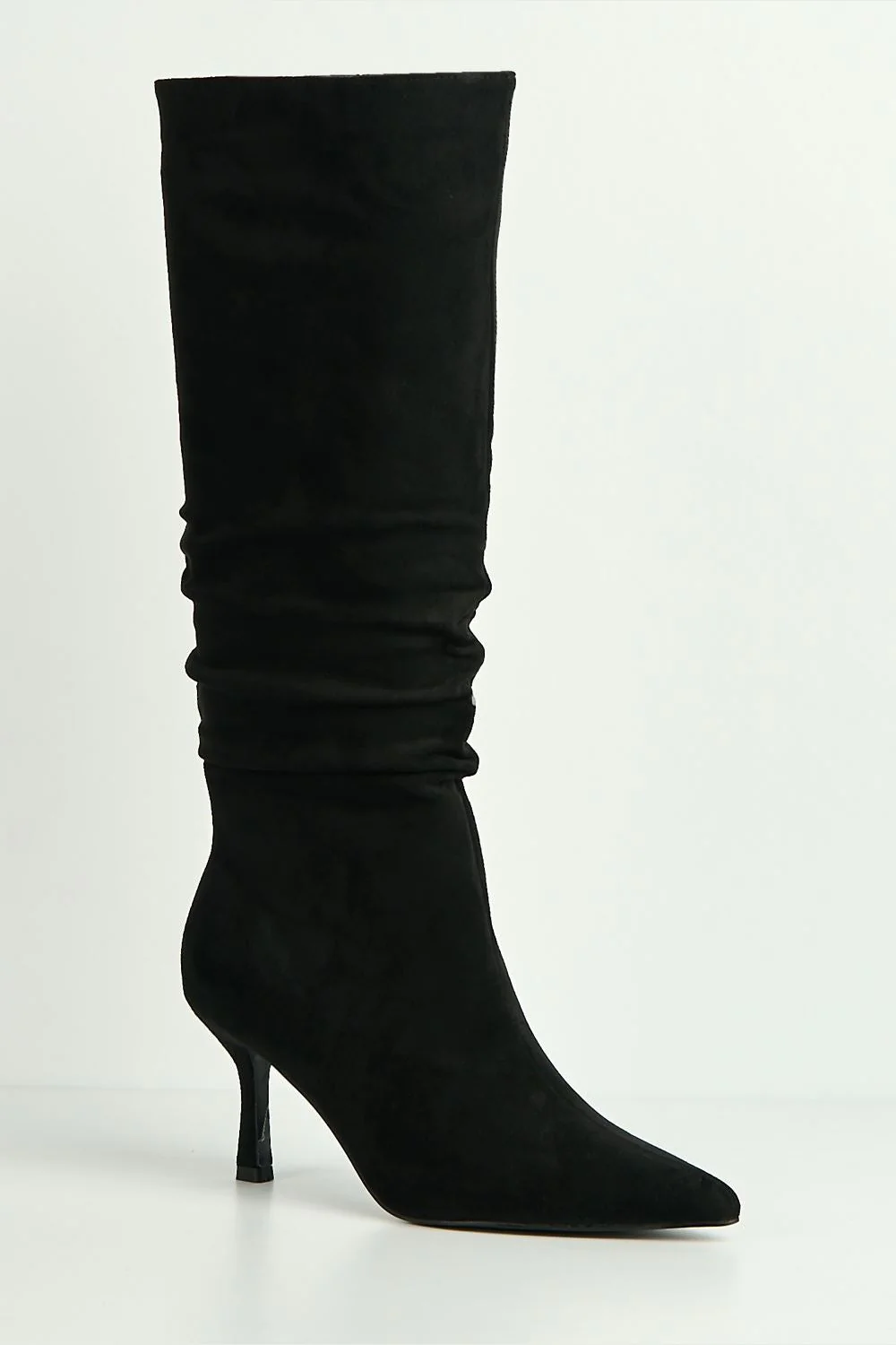 Zeli Low Kitten Heel Pointy Toe Rouch Calf Boots in Black Suede - Image 4