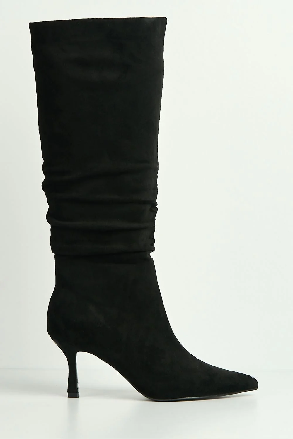 Zeli Low Kitten Heel Pointy Toe Rouch Calf Boots in Black Suede - Image 5