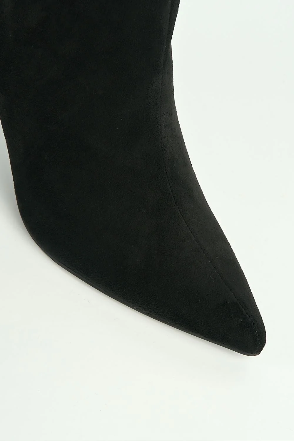 Zeli Low Kitten Heel Pointy Toe Rouch Calf Boots in Black Suede - Image 6