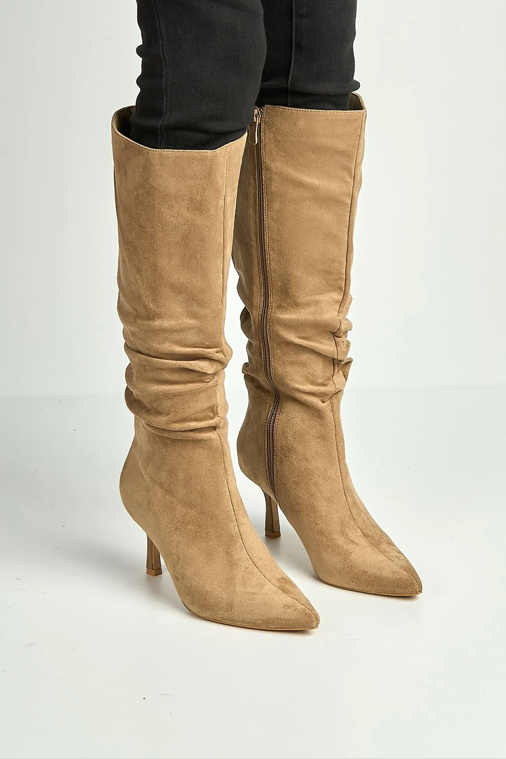 Zeli Low Kitten Heel Pointy Toe Rouch Calf Boots in Taupe Suede