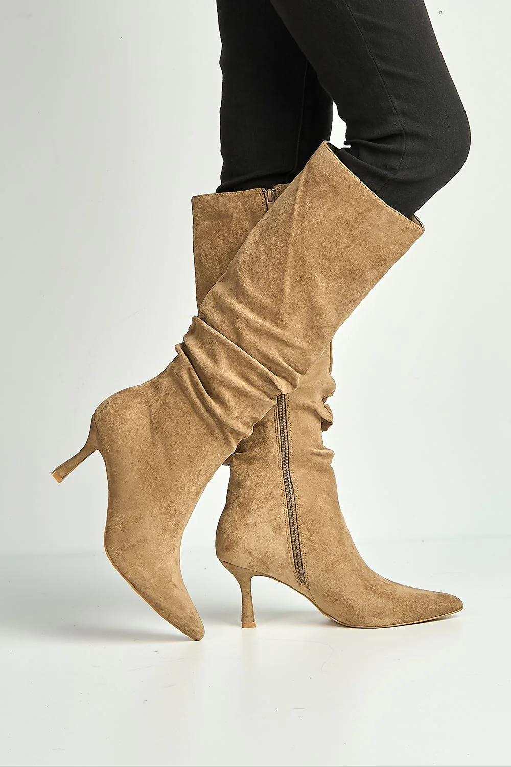 Zeli Low Kitten Heel Pointy Toe Rouch Calf Boots in Taupe Suede - Image 2