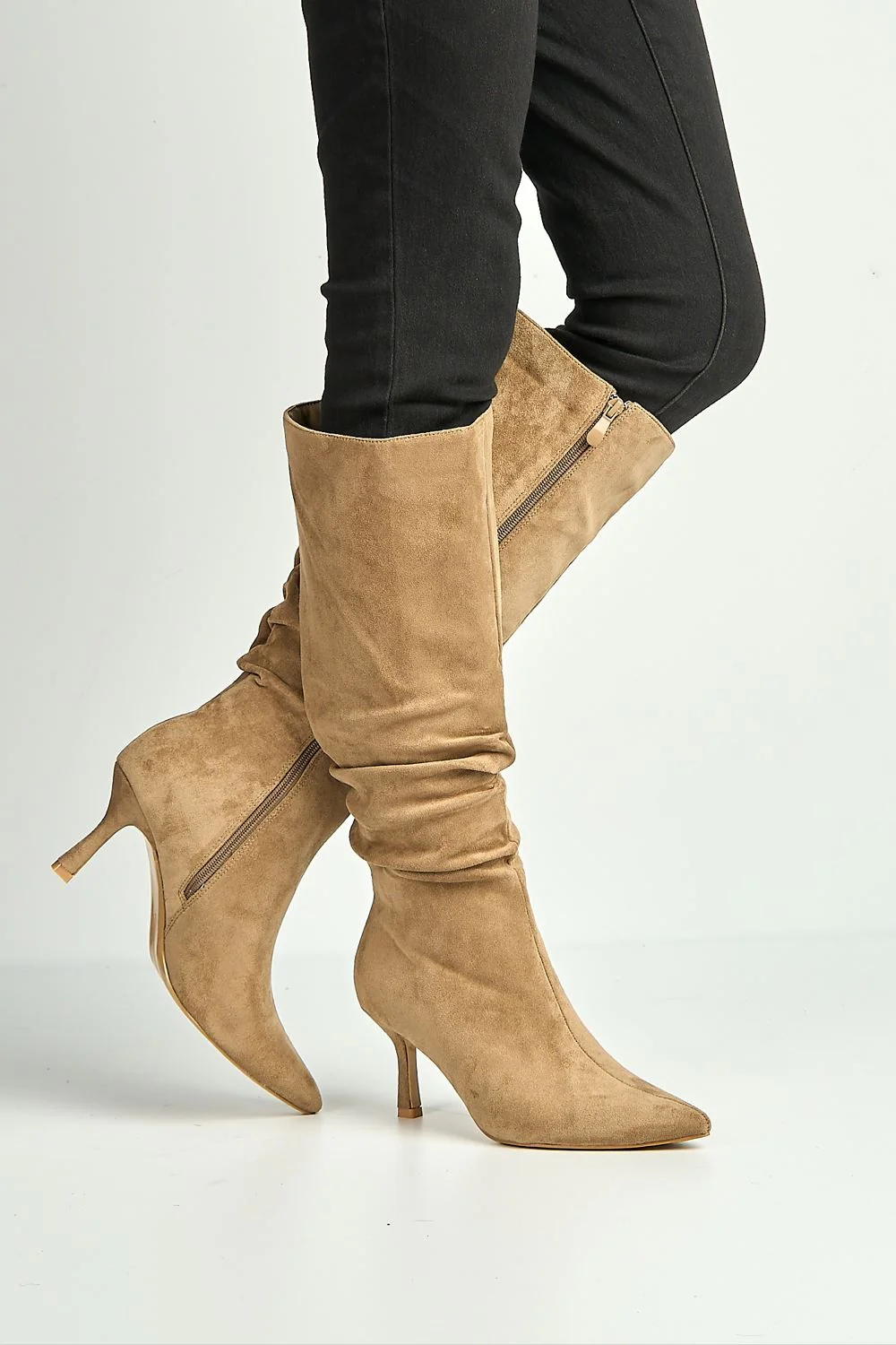 Zeli Low Kitten Heel Pointy Toe Rouch Calf Boots in Taupe Suede - Image 3