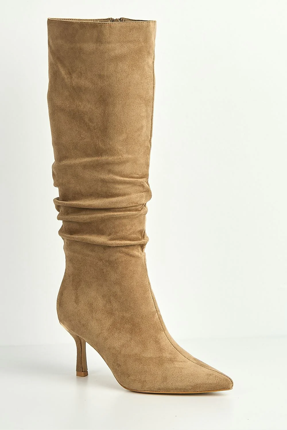 Zeli Low Kitten Heel Pointy Toe Rouch Calf Boots in Taupe Suede - Image 4