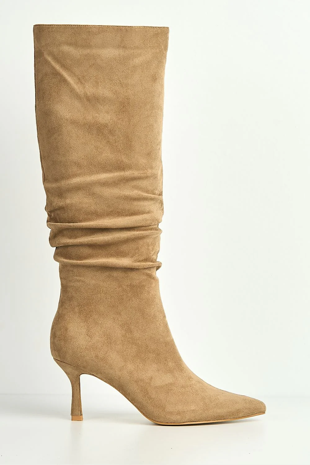 Zeli Low Kitten Heel Pointy Toe Rouch Calf Boots in Taupe Suede - Image 5