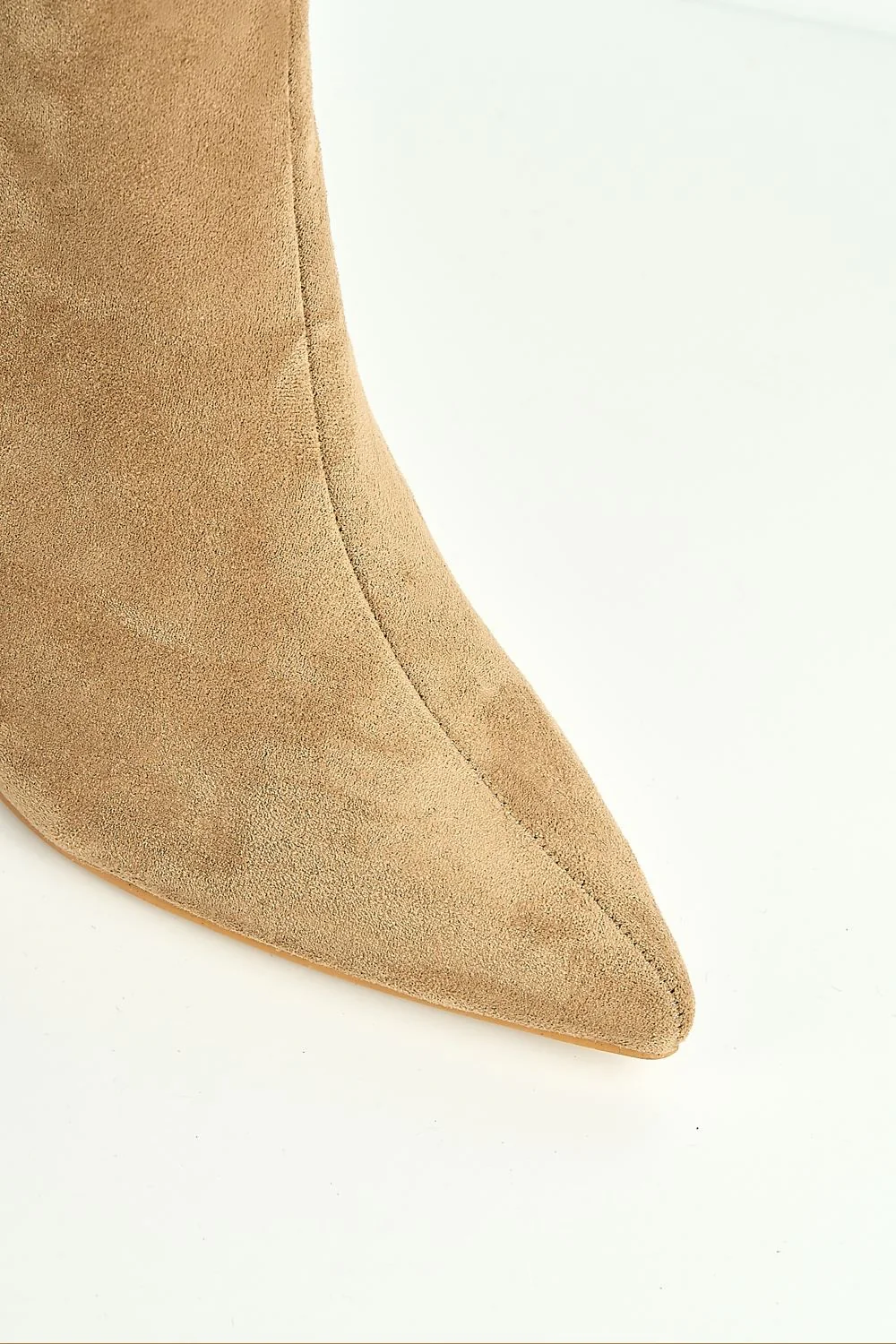 Zeli Low Kitten Heel Pointy Toe Rouch Calf Boots in Taupe Suede - Image 6