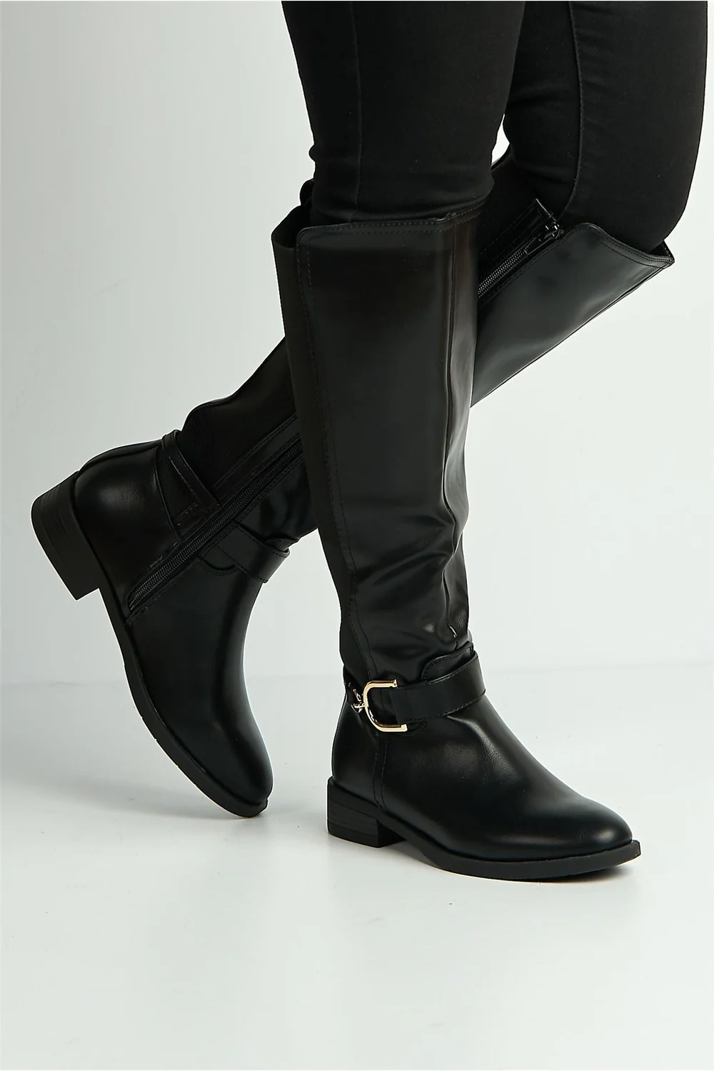 Zeva Gold Detail Stretch Back Knee High Boots in Black - Image 2