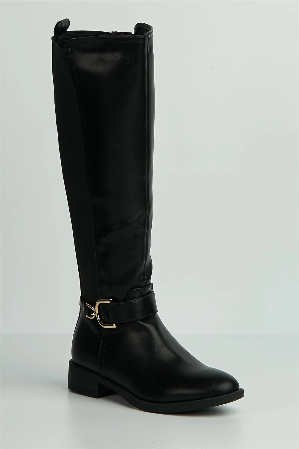 Zeva Gold Detail Stretch Back Knee High Boots in Black - Image 4