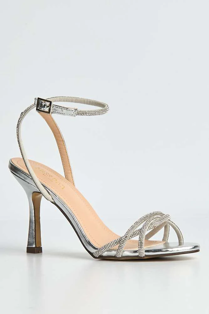 Zinnia 3 Diamante Twist Band High Heeled Sandals in Silver - Image 4