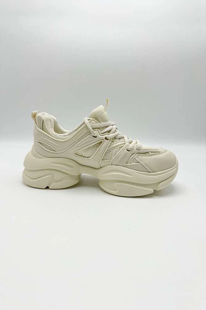 Zola Chunky Lace Up Trainers in Beige - Image 3