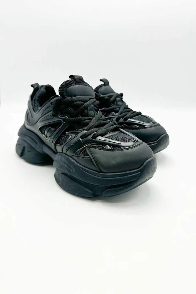 Zola Chunky Lace Up Trainers in Black - Image 2