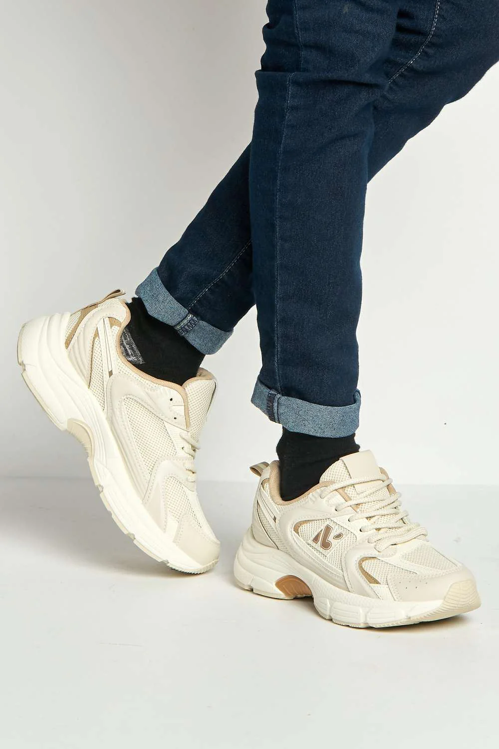 Zoona Mesh Detail Lace-Up Trainers in Beige