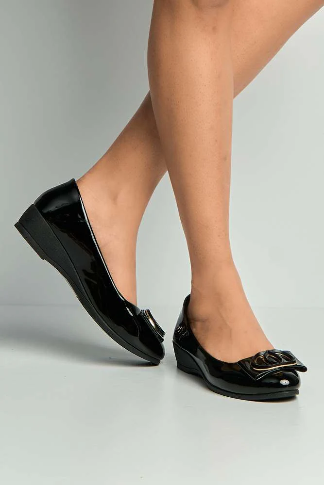 Zosia Brooch Detail Wedge Slip on Pumps in Black Matt
