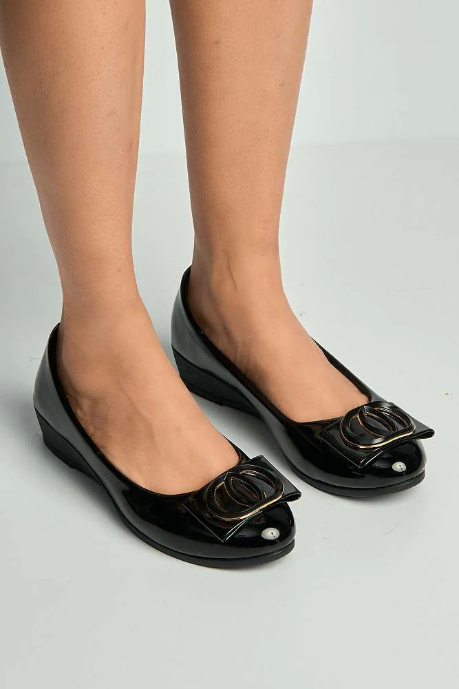 Zosia Brooch Detail Wedge Slip on Pumps in Black Matt - Image 2