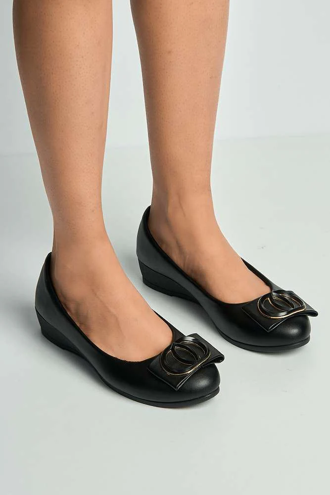 Zosia Brooch Detail Wedge Slip on Pumps in Black Patent
